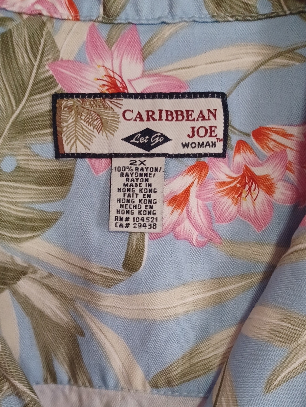 Vintage Caribbean Joe Women's Plus 2X Tropical Hawaiian Shirt Pastel Blue Pink - Picture 2 of 14
